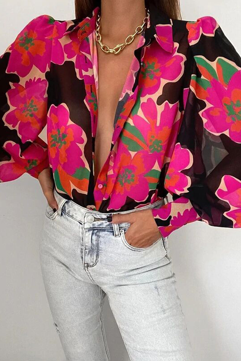 Elegant Floral Patchwork Turndown Collar Tops