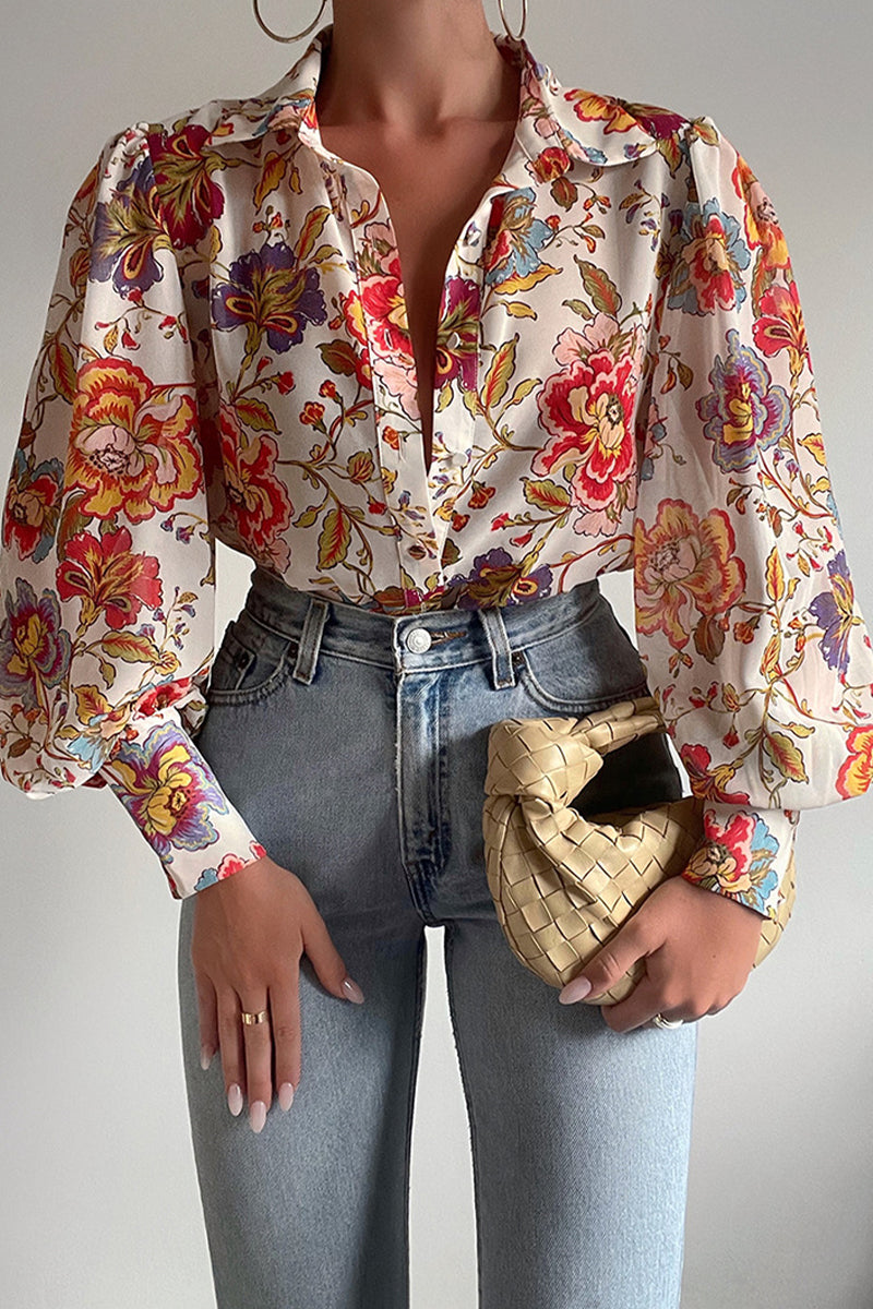 Elegant Floral Patchwork Turndown Collar Tops