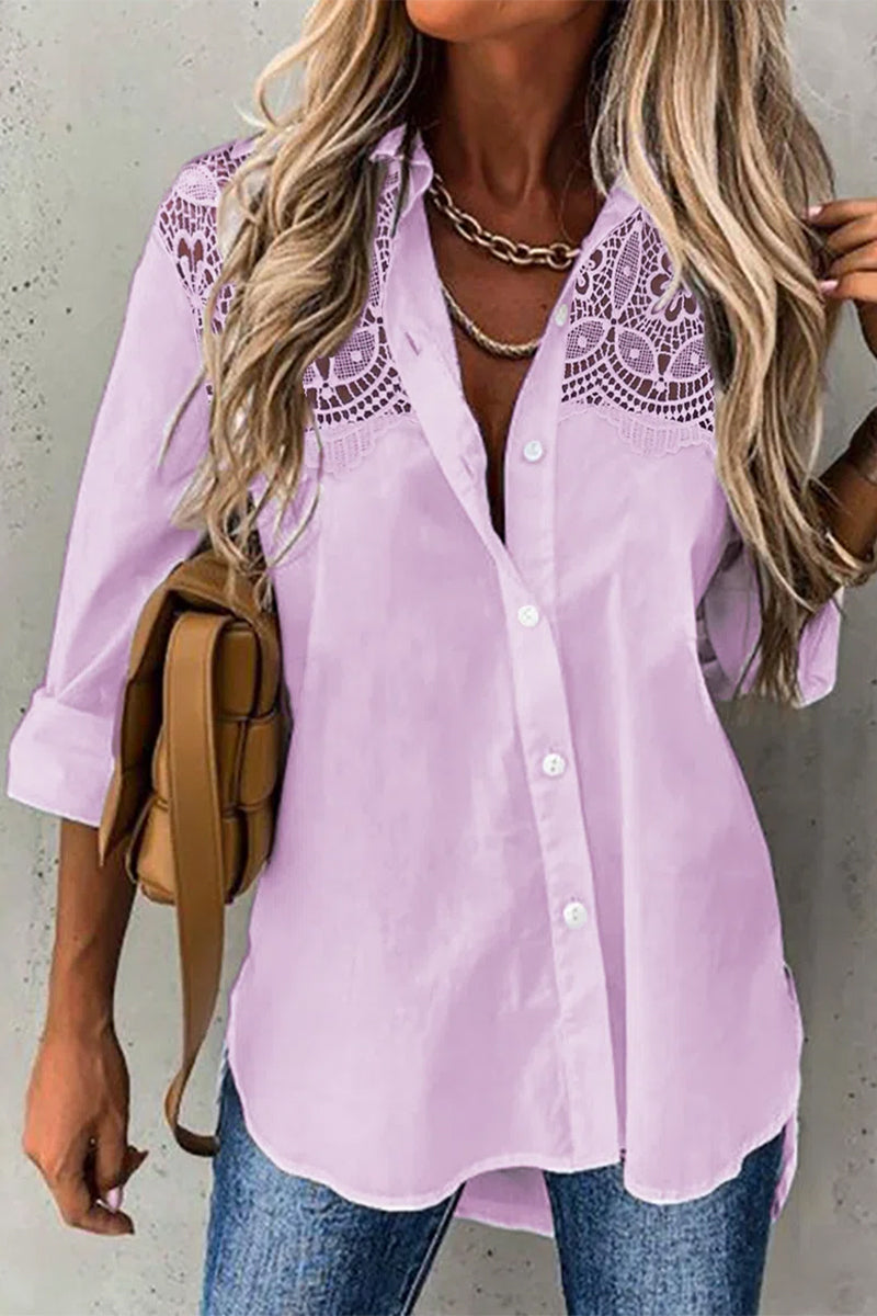 Casual Solid Lace Turndown Collar Blouses(5 Colors)