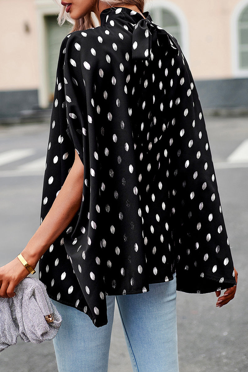 British Style Elegant Polka Dot Bandage Mandarin Collar Tops