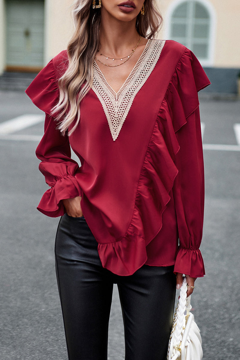 Elegant Solid Patchwork V Neck Tops