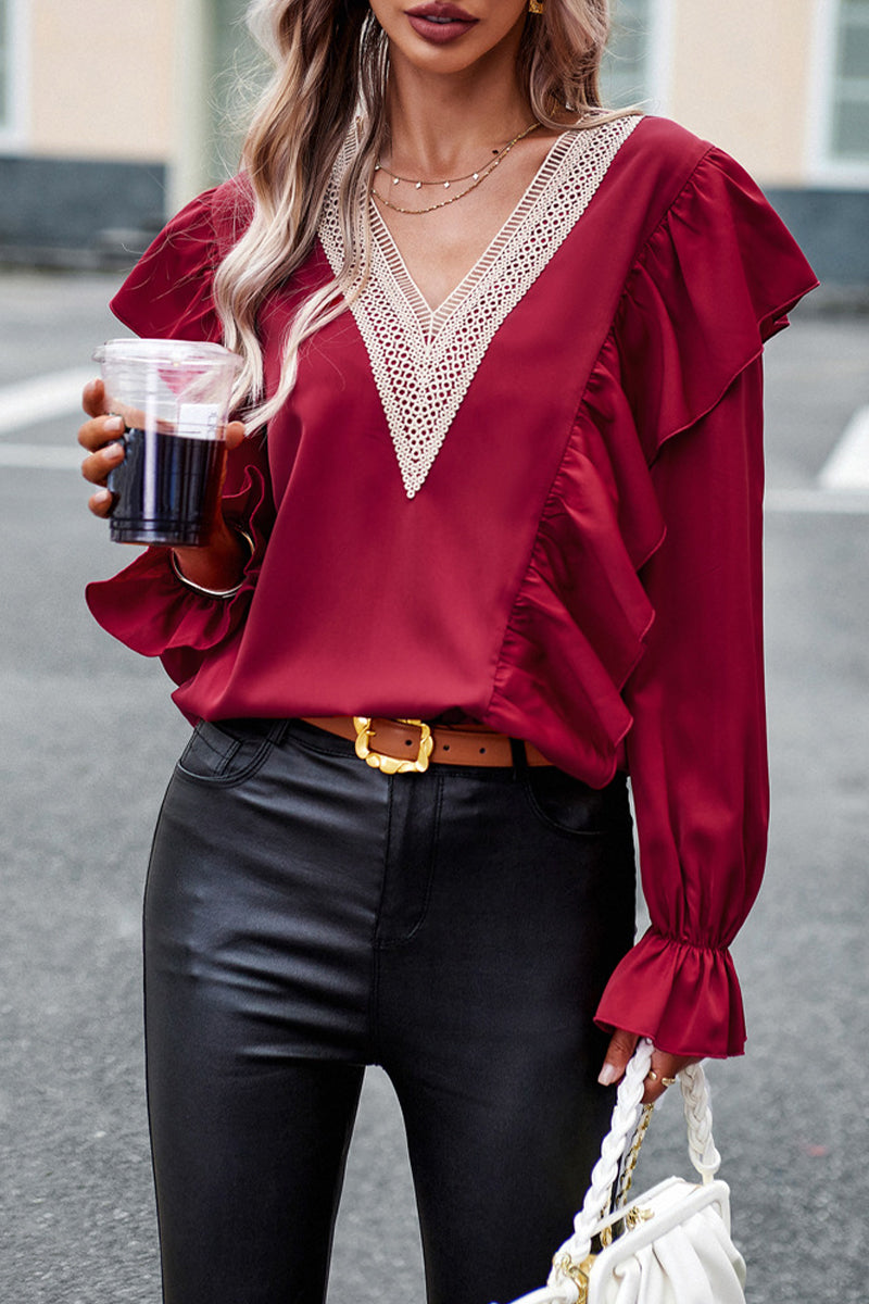 Elegant Solid Patchwork V Neck Tops