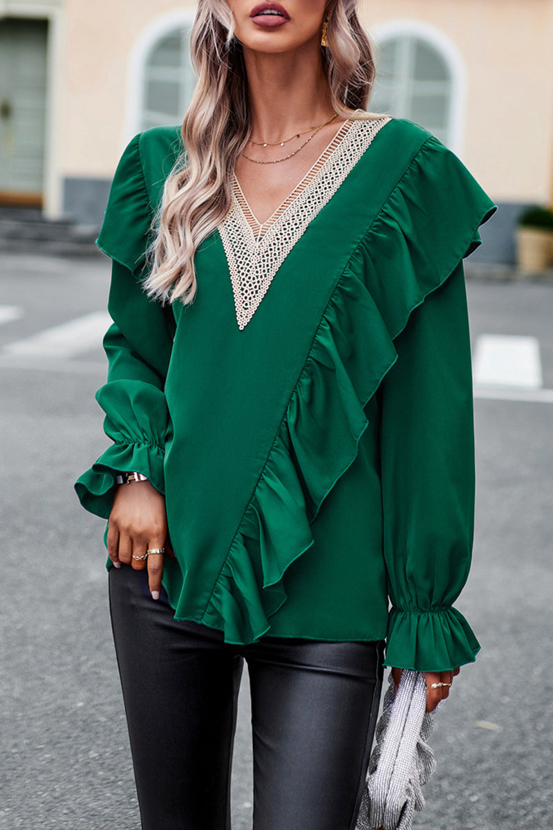 Elegant Solid Patchwork V Neck Tops