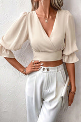 Elegant Simplicity Solid Bandage V Neck Tops