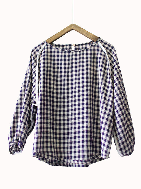 Vintage Loose Plaid Ramie Cotton Round-Neck Three-Quarter Sleeves T-Shirt Top