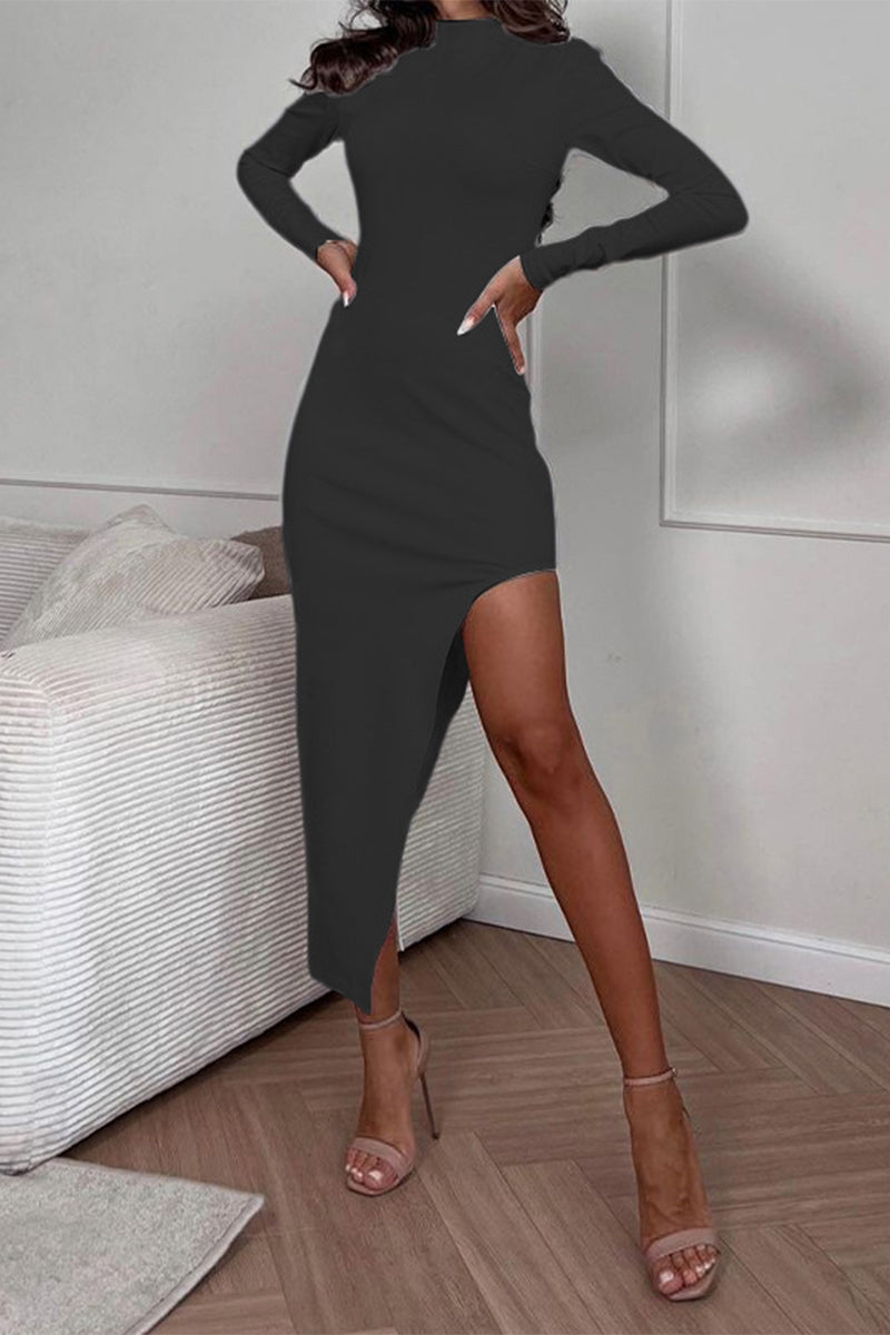 Sexy Solid Slit Half A Turtleneck Wrapped Skirt Dresses