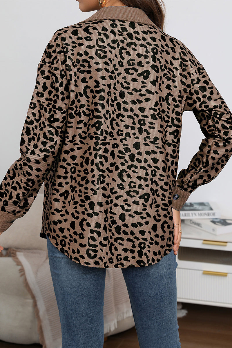 Casual Sweet Leopard Pocket Turndown Collar Tops