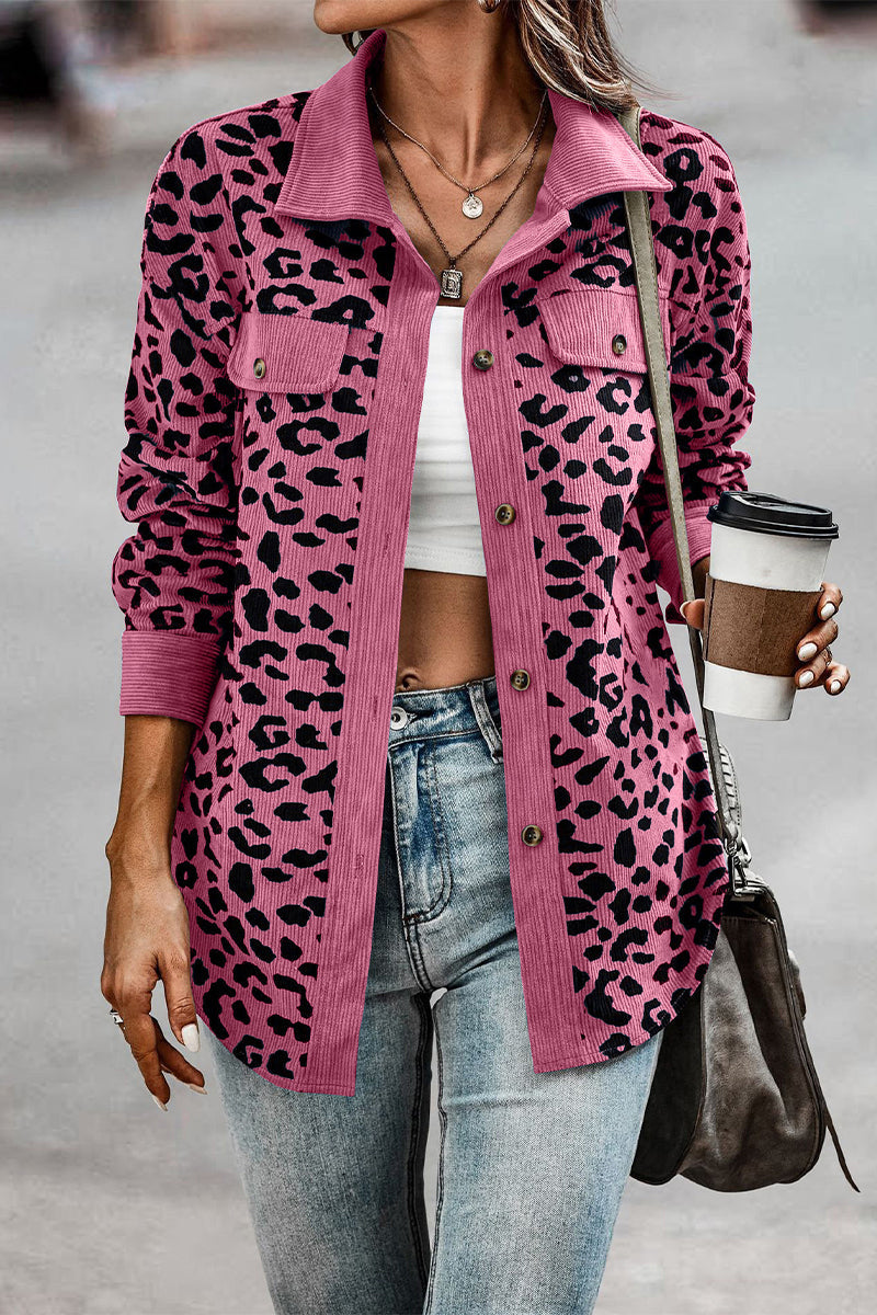 Casual Sweet Leopard Pocket Turndown Collar Tops