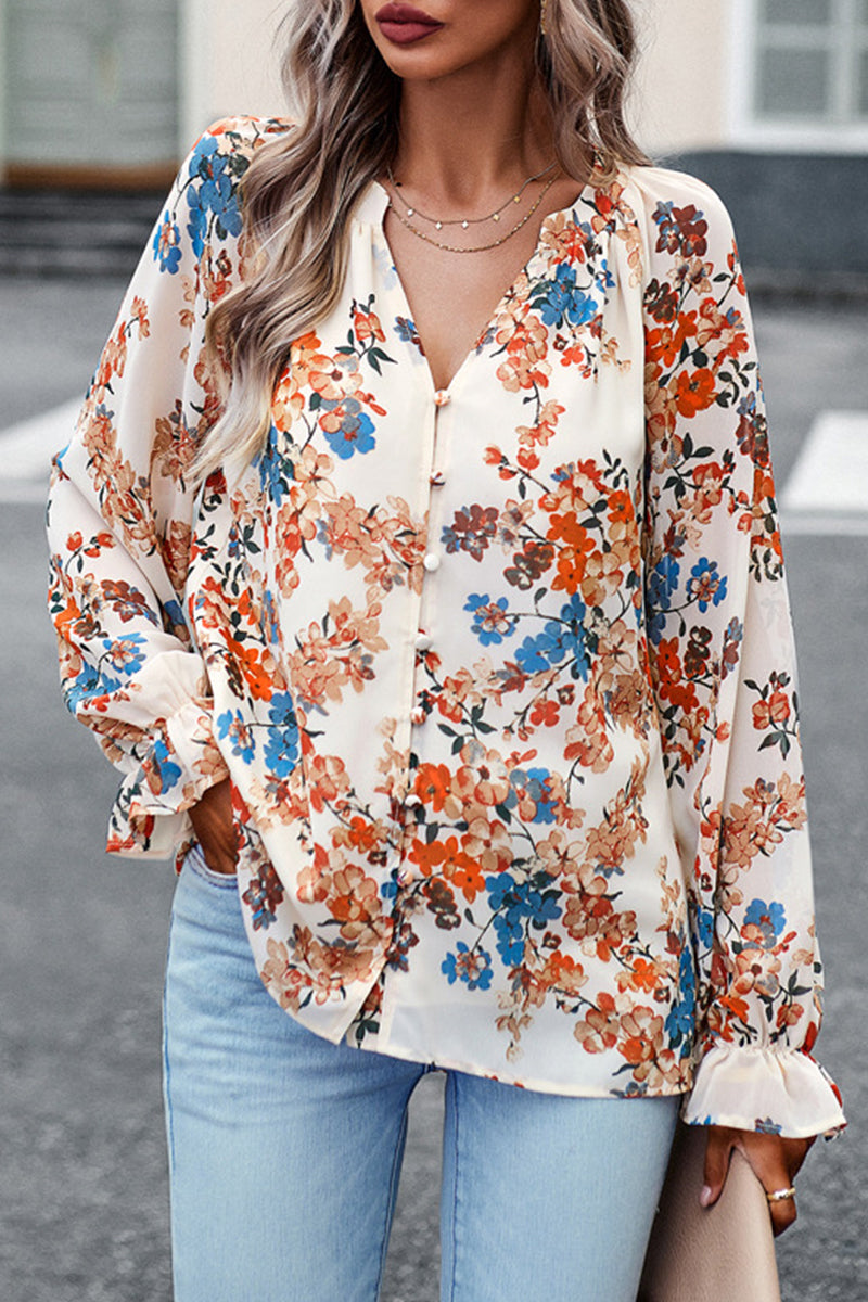 Sweet Elegant Floral Buttons V Neck Blouses(4 Colors)