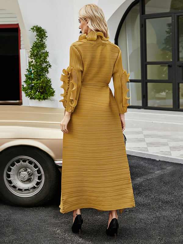 Original Loose Long Sleeves Tied Pleated Falbala Solid Color V-Neck Maxi Dresses