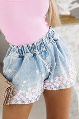 Street Patchwork Draw String Rhinestone Straight Denim Shorts(3 Colors)