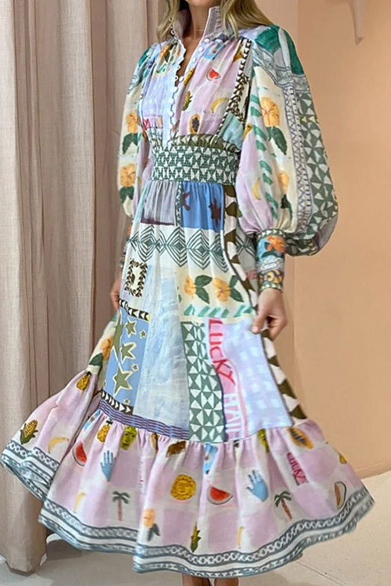 Elegant Print Patchwork Turndown Collar Printed Dress Dresses