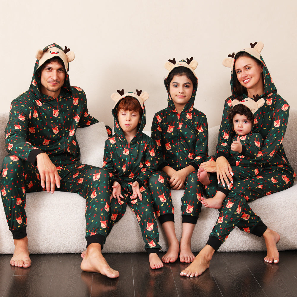 Green Fox and Christmas Llight Bulb Print Fmalily Matching Pajamas Onesies