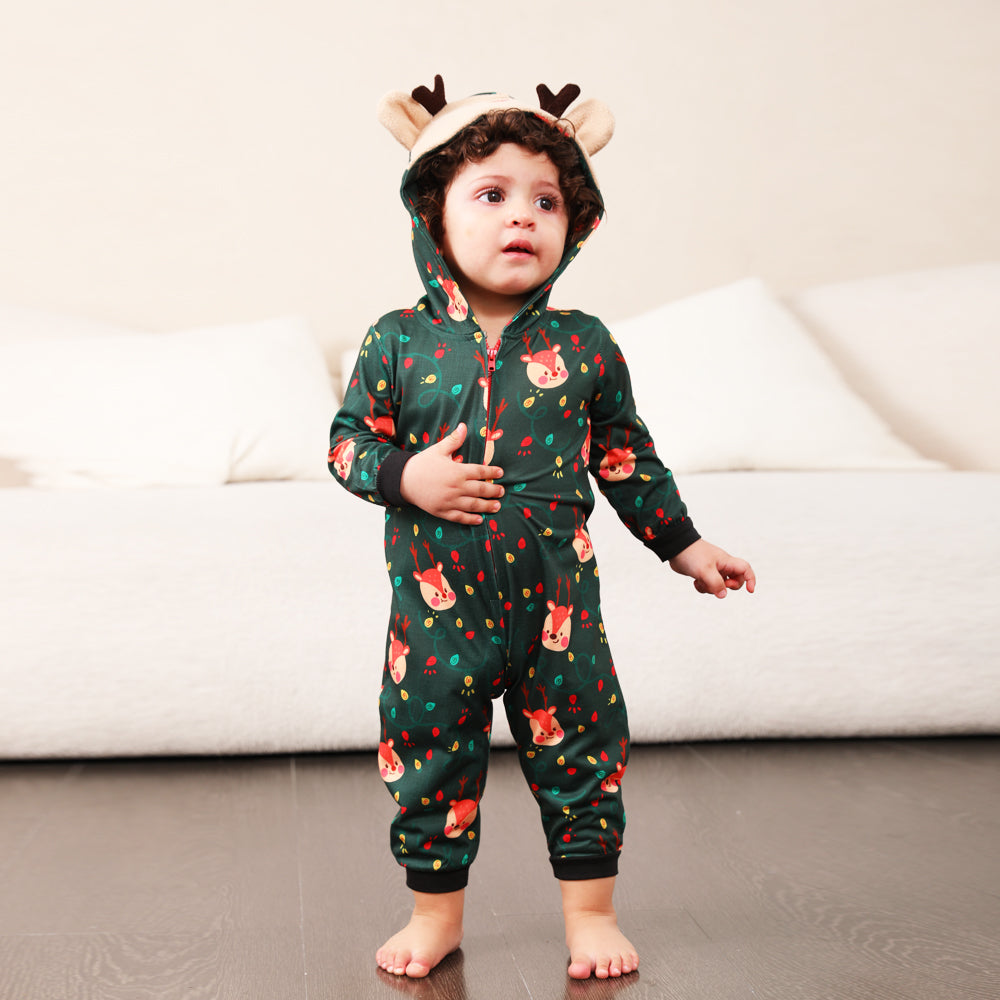 Green Fox and Christmas Llight Bulb Print Fmalily Matching Pajamas Onesies