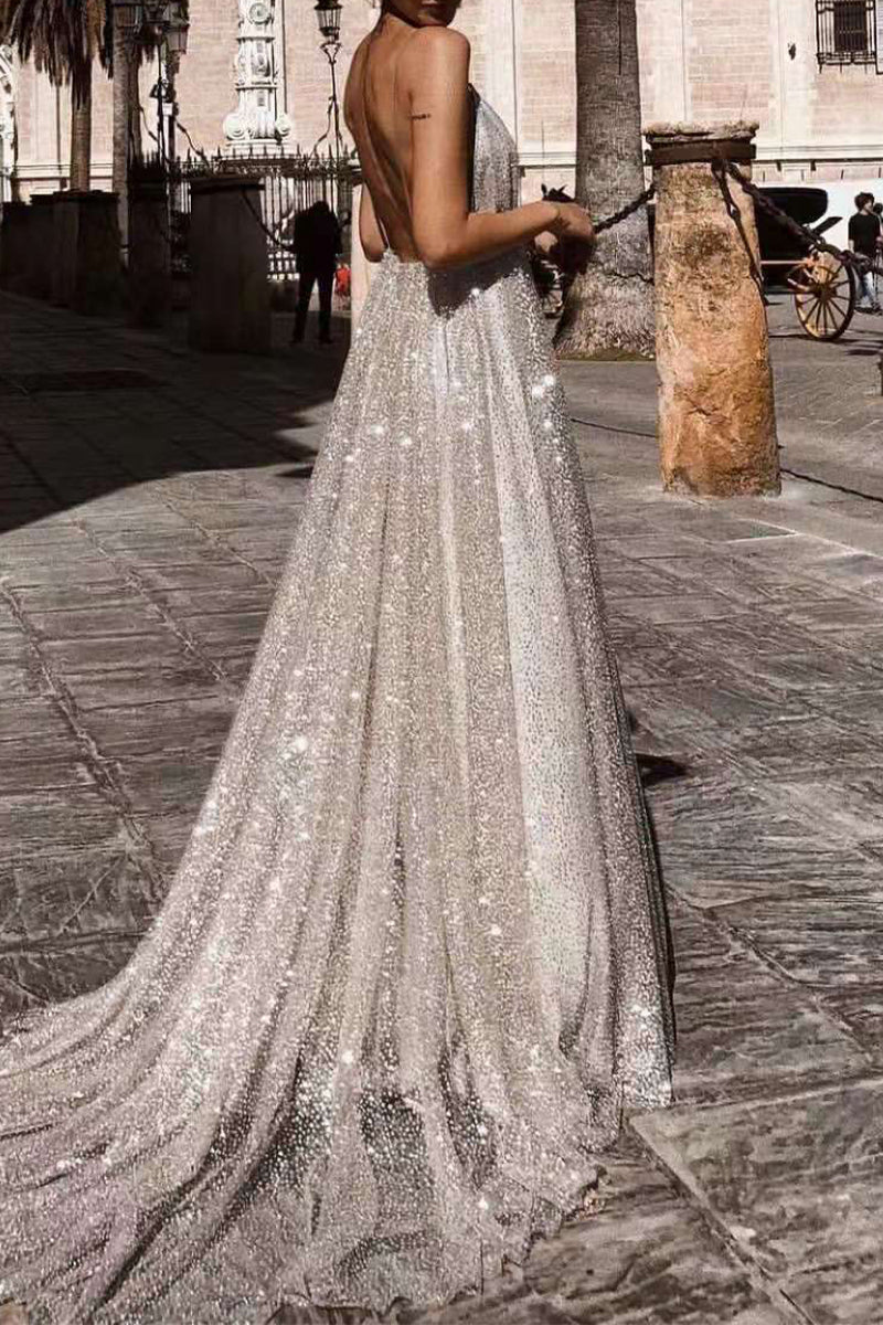 Sexy Formal Solid Sequined V Neck Sling Dresses