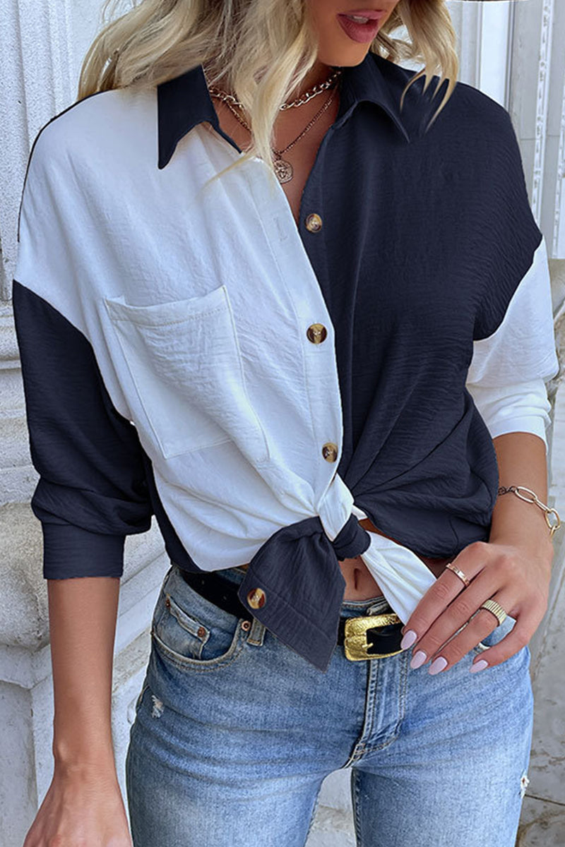 Elegant Color Block Pocket Contrast Turndown Collar Tops