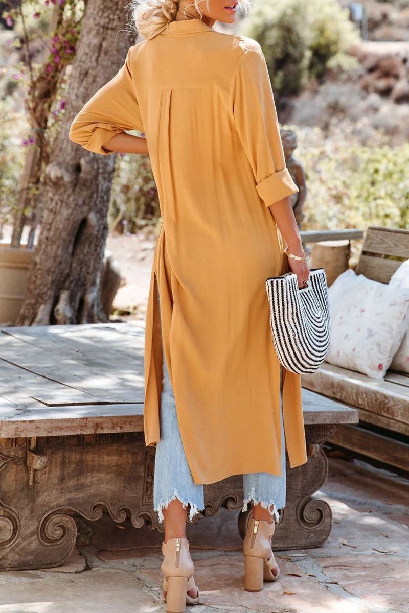 Casual Simplicity Solid Slit Turndown Collar Tops