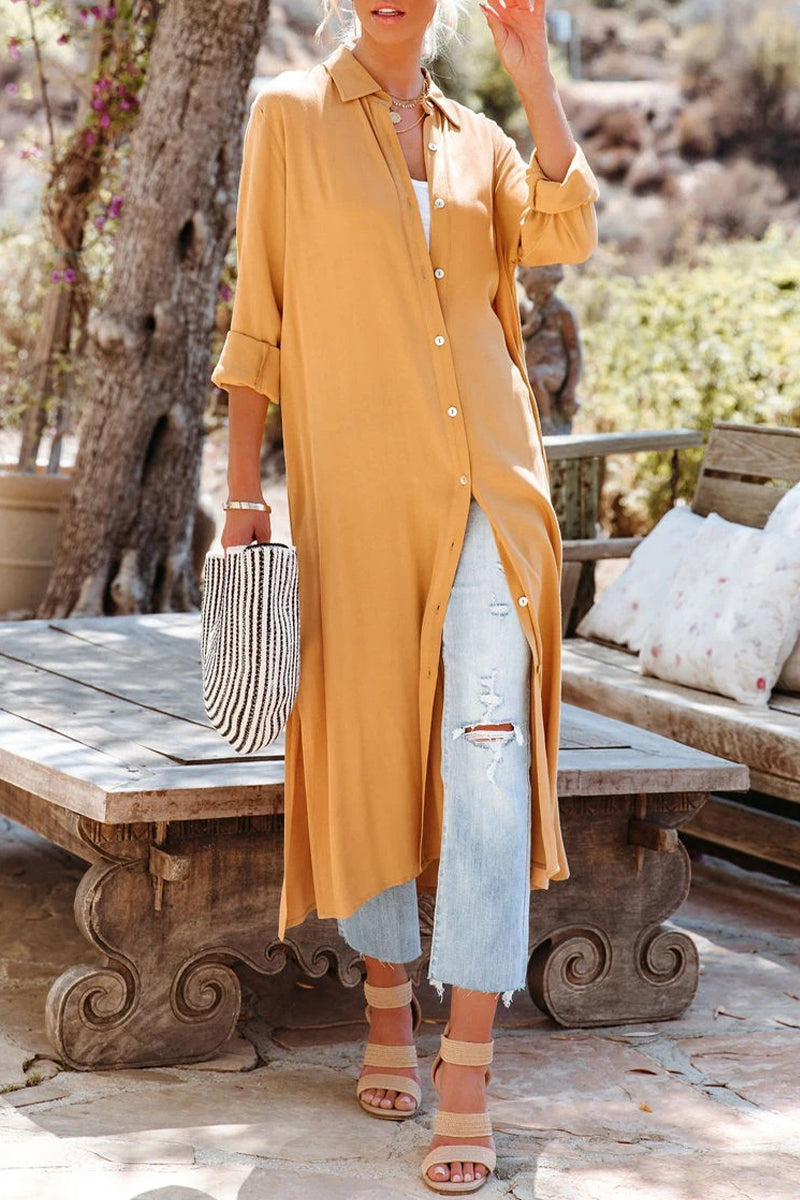 Casual Simplicity Solid Slit Turndown Collar Tops