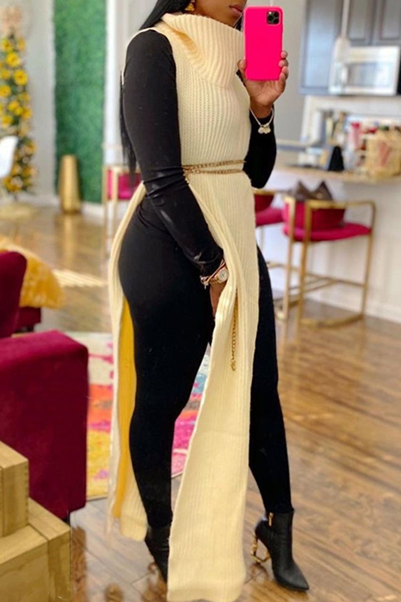 Casual Solid Slit Turtleneck Long Dress Dresses (Without Waist Chain)