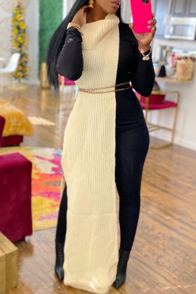 Casual Solid Slit Turtleneck Long Dress Dresses (Without Waist Chain)