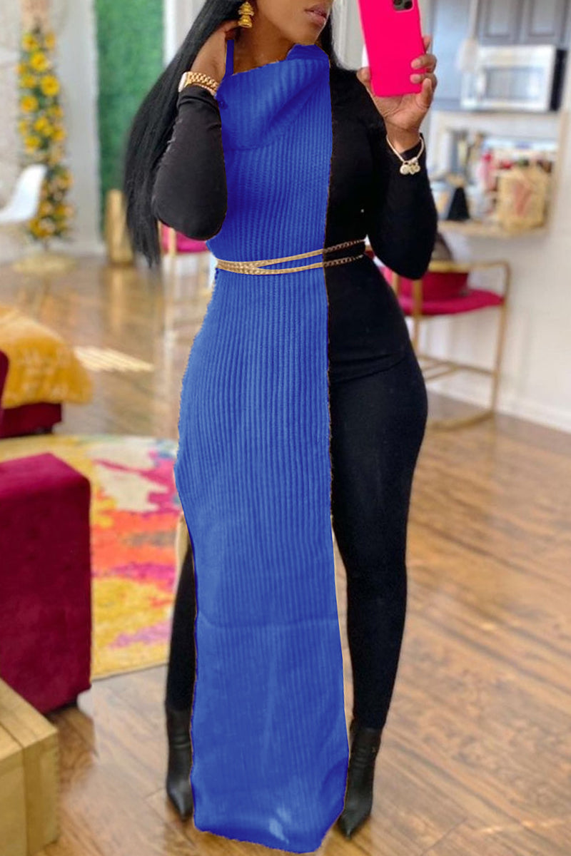 Casual Solid Slit Turtleneck Long Dress Dresses (Without Waist Chain)