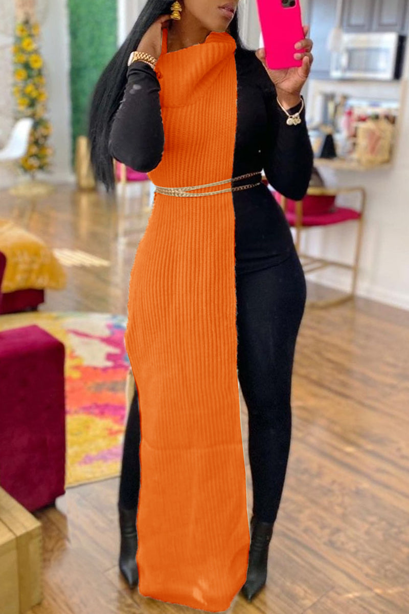 Casual Solid Slit Turtleneck Long Dress Dresses (Without Waist Chain)