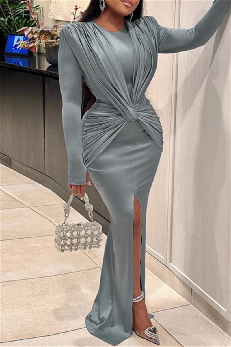 Casual Solid Slit O Neck Long Dress Dresses