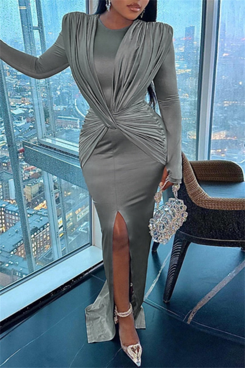 Casual Solid Slit O Neck Long Dress Dresses