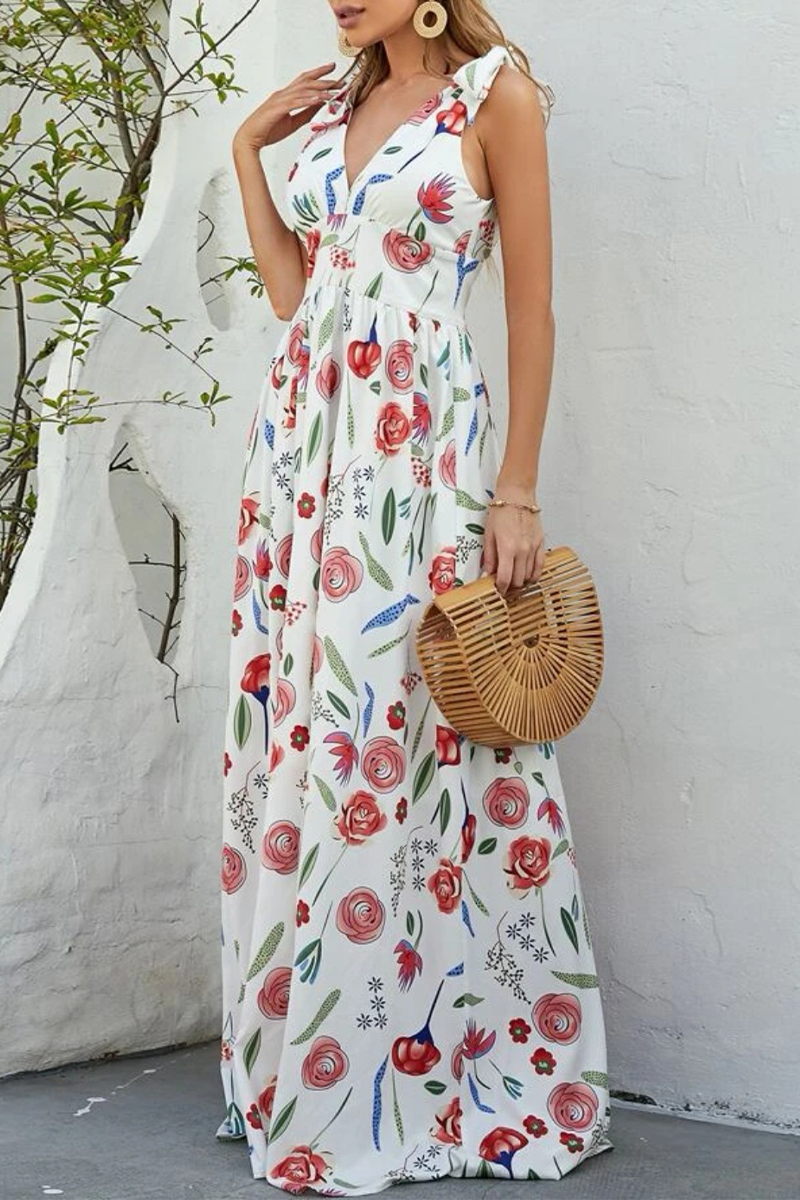 Sweet Elegant Floral With Bow V Neck Printed Dress Dresses