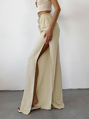 High Waisted Loose Drawstring Elasticity Solid Color Split-side Pants Trousers