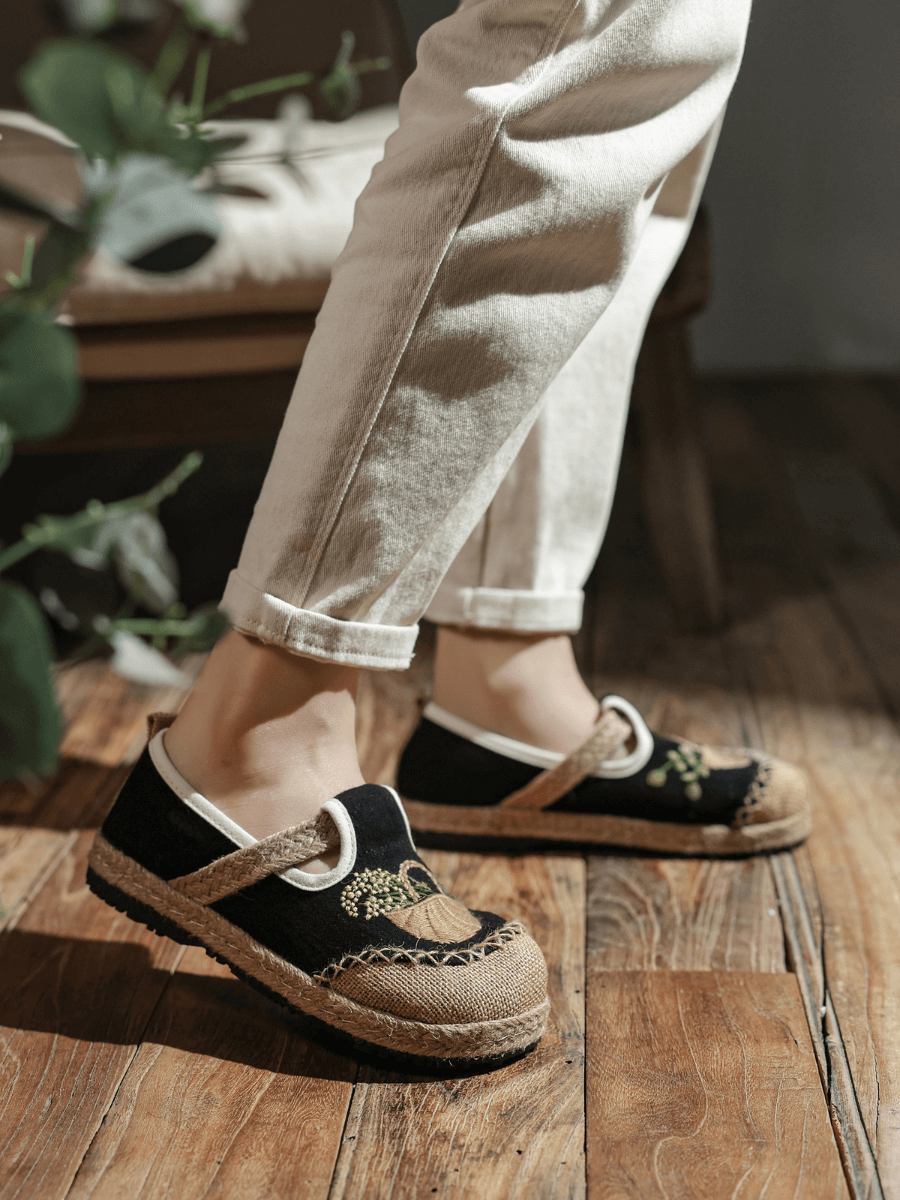 CACTUS ROSE | BASKET EMBROIDERED LINEN ESPADRILLE LOAFER - BLACK