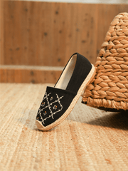 CACTUS ROSE | TWIN FLOWER EMBROIDERED LINEN ESPADRILLES - BLACK