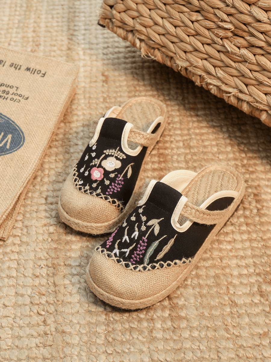 CACTUS ROSE | BLOSSOM WHEAT EMBROIDERED LINEN MULE - BLACK