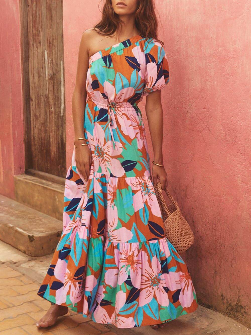 Palm Leaf Print Off-Shoulder Holiday Style Floral Dress