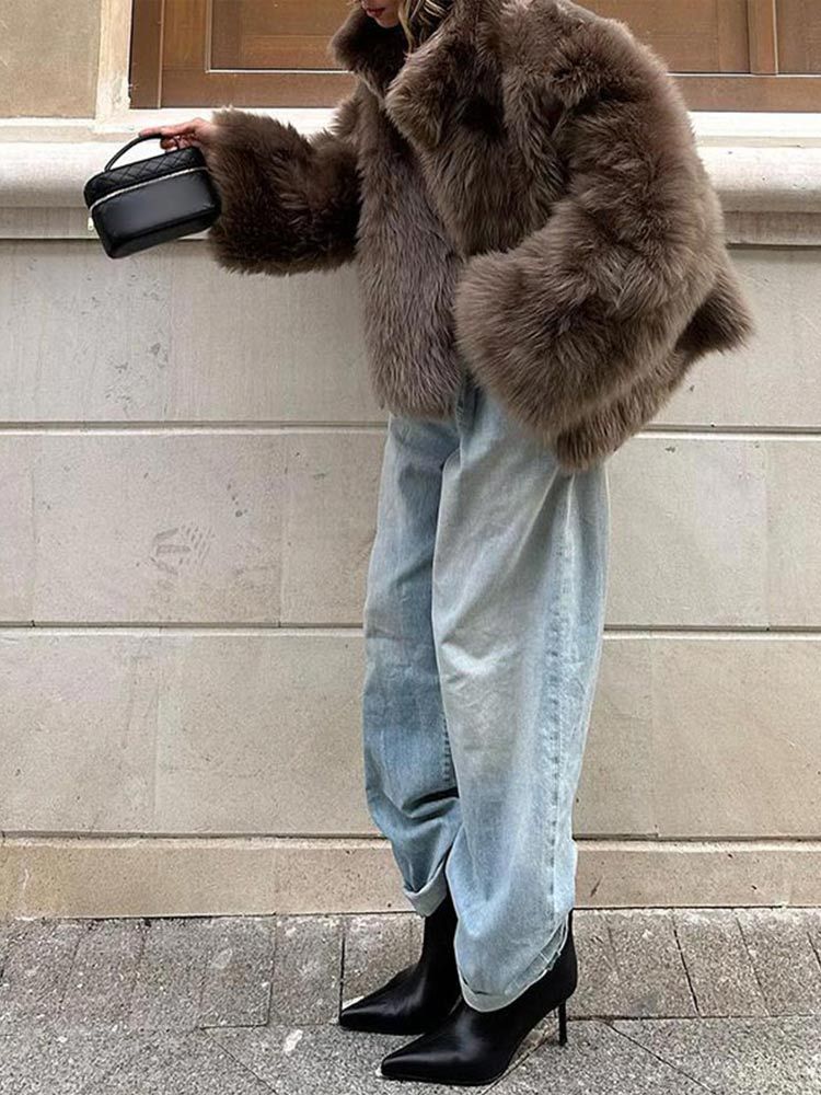 Plush coat with fur collar