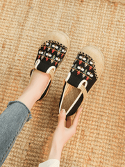 CACTUS ROSE | SWEET GARDEN EMBROIDERED LINEN ESPADRILLE - BLACK