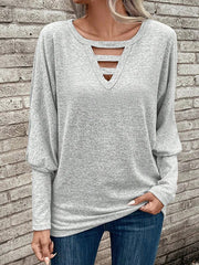 Long Sleeves Loose Hollow Solid Color Split-Joint V-Neck T-Shirts Tops