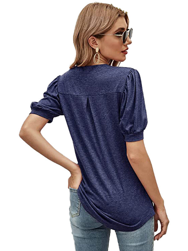 Simple Solid Color V-Neck Puff Sleeves T-Shirt Top