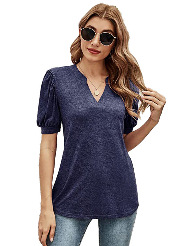 Simple Solid Color V-Neck Puff Sleeves T-Shirt Top