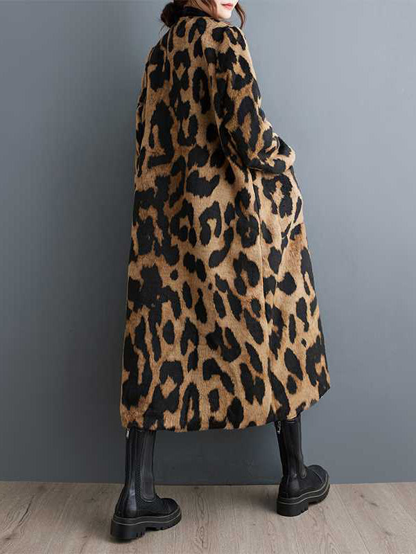 Long Sleeves Loose Buttoned Leopard Pockets Split-Joint V-Neck Outerwear Trench Coats