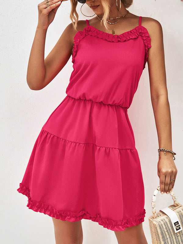 Loose Sleeveless Falbala Solid Color Spaghetti-Neck Mini Dresses