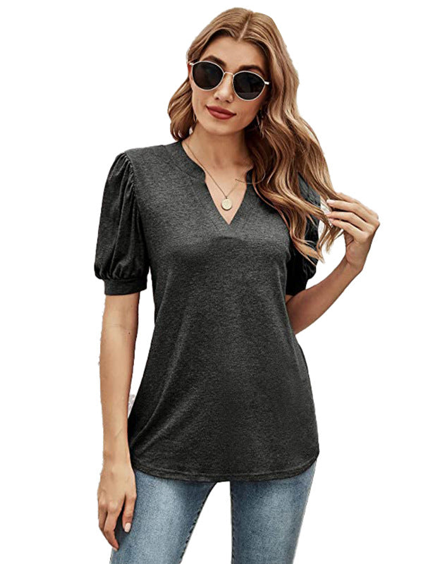 Simple Solid Color V-Neck Puff Sleeves T-Shirt Top