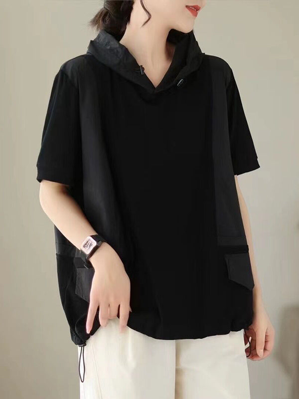 Hooded Loose Drawstring Solid Color Split-Joint Hooded T-Shirts Tops