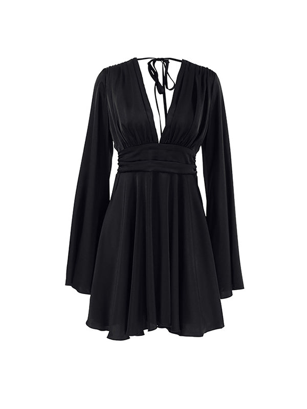 A-Line Flared Sleeves Solid Color Split-Joint Zipper Deep V-Neck Mini Dresses