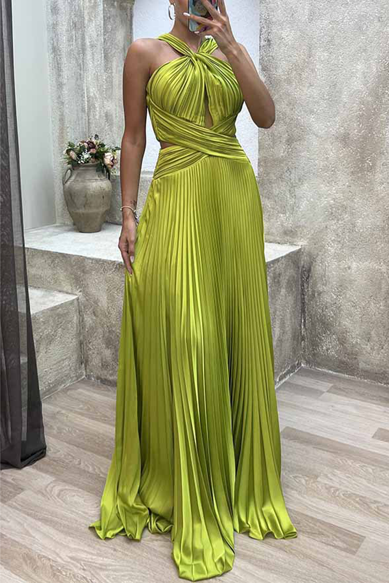 Elegant Solid Fold Halter Evening Dress Dresses