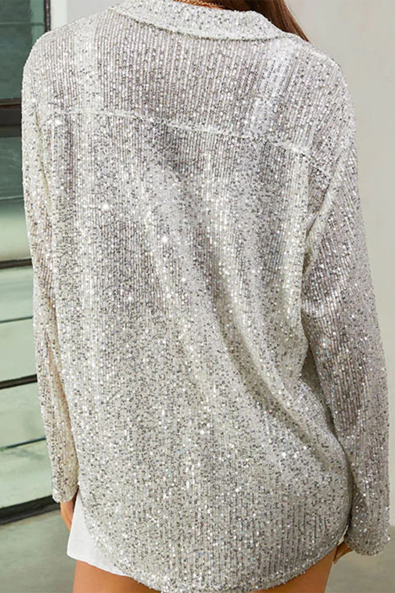 Casual Solid Sequins Sequined Turndown Collar Blouses