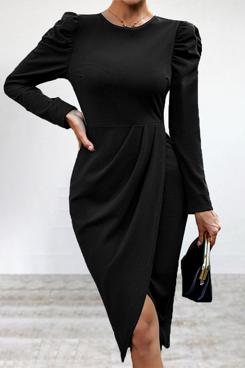 Elegant Solid Slit Asymmetrical O Neck Irregular Dress Dresses