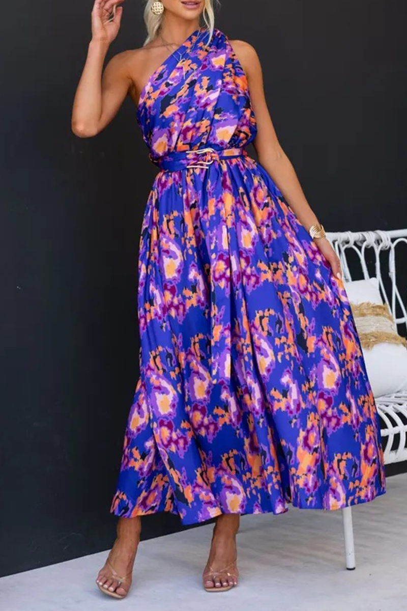 Sexy Floral Backless Oblique Collar Waist Skirt Dresses