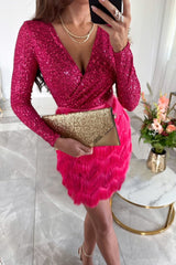 Sexy Solid Tassel Sequins V Neck Wrapped Skirt Dresses