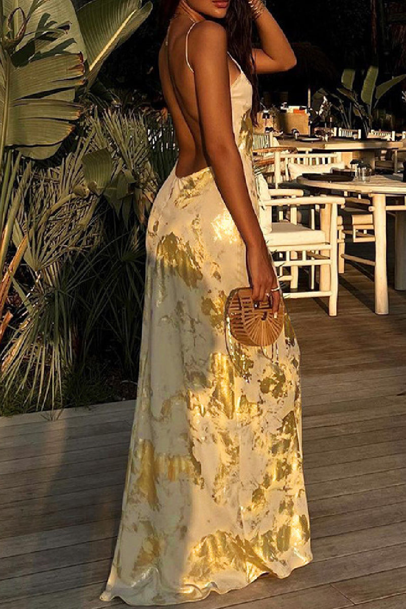 Sexy Casual Print Backless Spaghetti Strap Long Dress Dresses